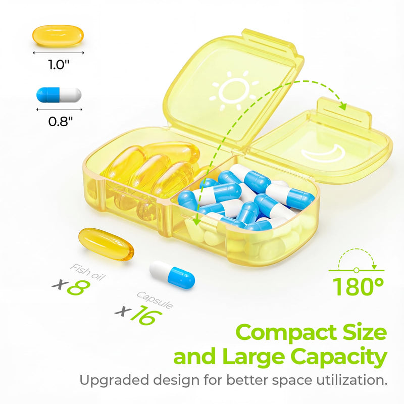 AUVON XL Weekly Pill Organizer 2 Times a Day, Pill Box 7 Day with One-Side Large Openings for Easy to Use, Black Privacy Protection AM PM Pill Case for Medication, Vitamins, Fish Oils, Supplements Light Yellow