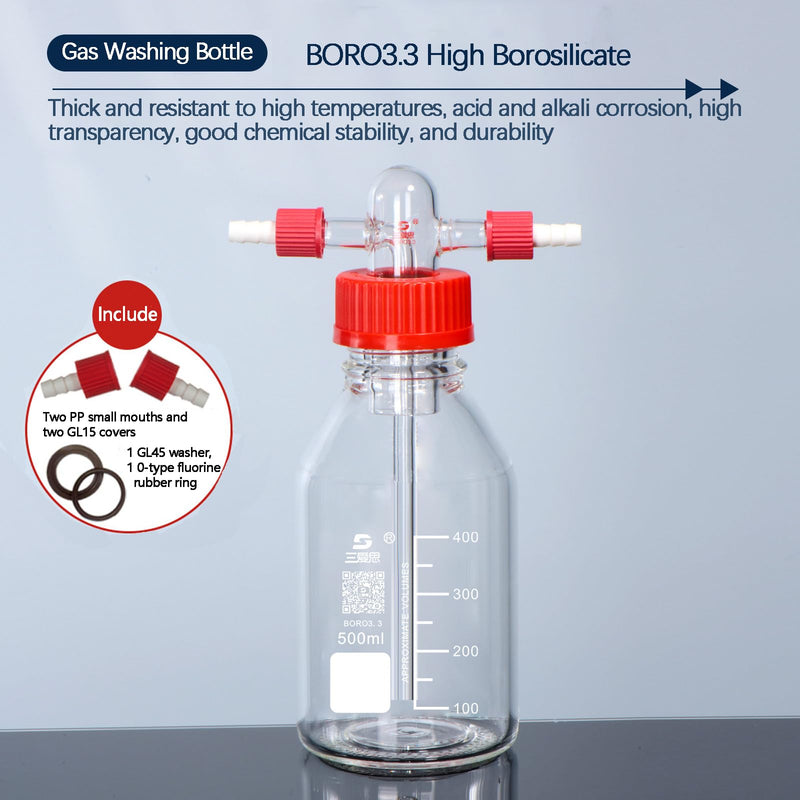 TISMART Gas Washing Bottle Glass Bubbler BORO3.3 GL45 500mL 1set | GL45 Head with 2 Threads GL14 PBT Red Screw Cap Gas Purification 500.0 milliliters 1 Gas Washing Bottle 500ML 1 Set