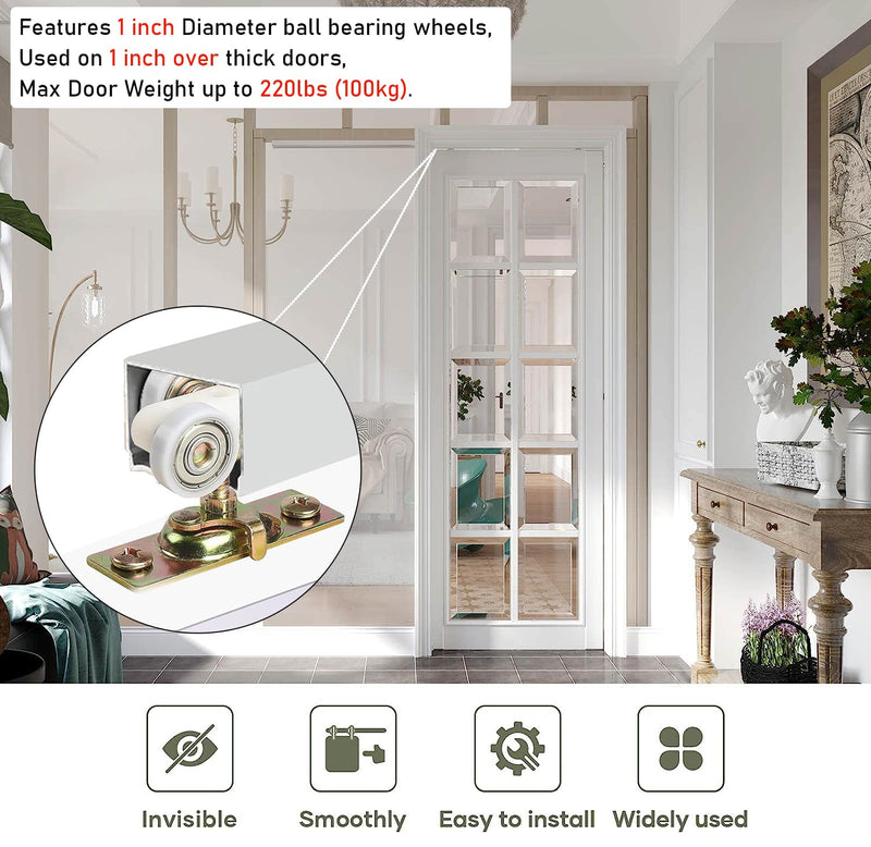 2 Pack Sliding Pocket Door Rollers Replacements Top Hanger Sliding Door Hardware Wheels Assembly Fit Johnson Part Hardware Kit, Ball Bearing 1 inch Wheels, 220 lb Capacity Door