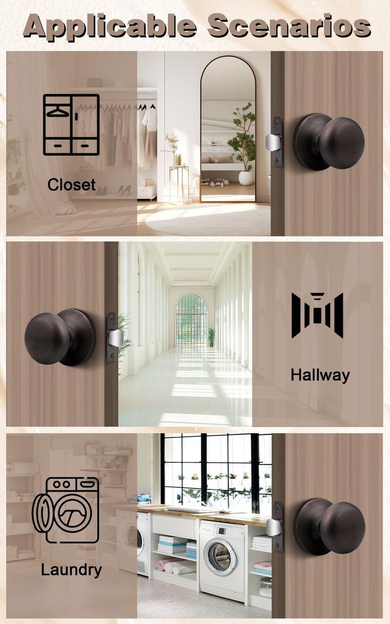 Probrico Closet Door Knob Oil Rubbed Bronze Finish, 2 Pack Standard Size Interior Door Handles with Passage Function, Flat Ball Knob for Closet and Hallway