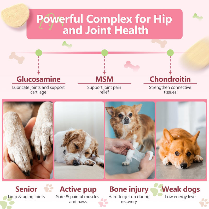Glucosamine for Dogs, Joint Supplement for Dogs, Chondroitin, MSM, Hemp, Turmeric, Omega 3 for Pain Relief & Skin Health, Dog Hip and Joint Supplement with Calcium Support Bones Health - 120 Chews 120 Count - PawsPlanet Australia
