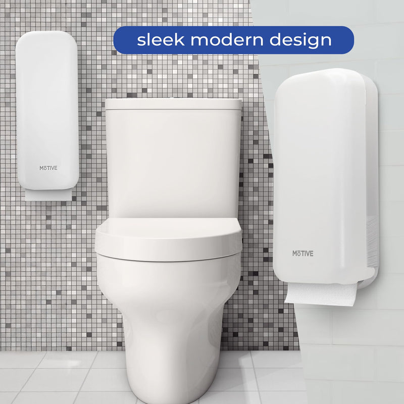 MOTIVE Shabbos Toilet Paper Dispenser, Holds up to 600 Sheets, Pre Cut Shabbos Tissue Dispenser with Lock Key, Adhesive or Drilling Compact Wall Mount, Easy Installation for Bathroom (White)