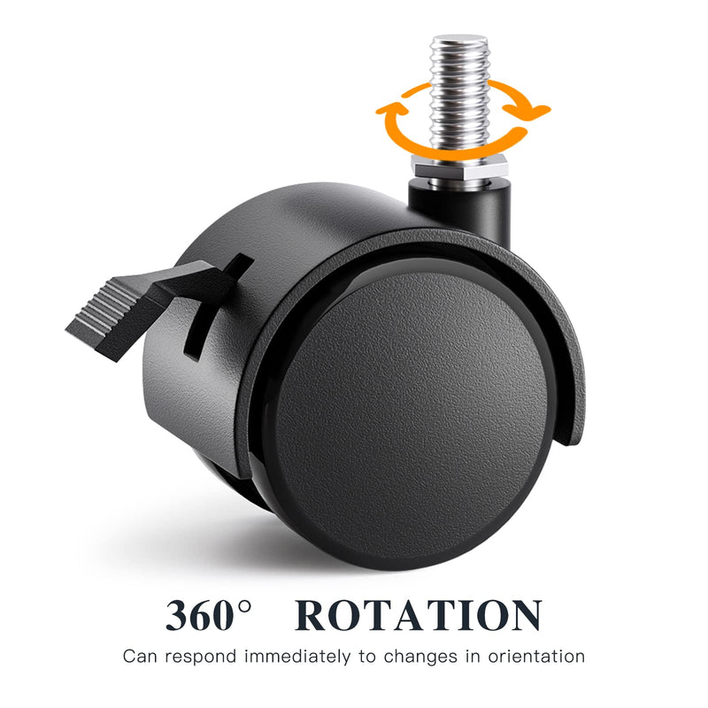 2 Inch Threaded Stem Furniture Casters, Metric M8 Nylon Plastic Swivel Locking Casters Set of 4, for Office Chairs, Shelves, Carts, Workbenches. 2 inch with brake