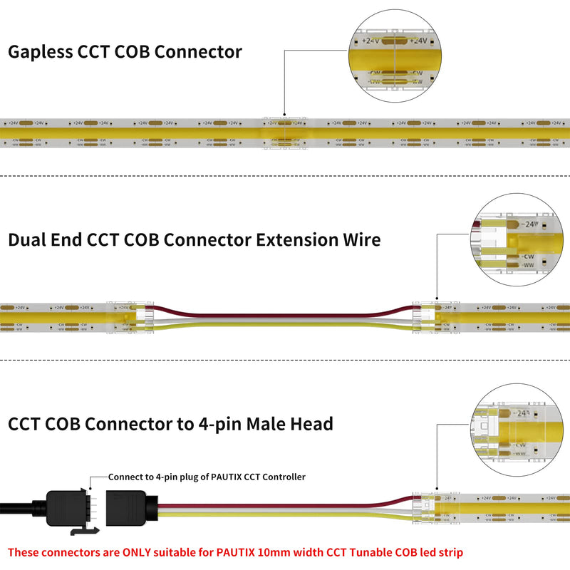 PAUTIX 10mm Connectors for CCT COB LED Strip Light 3 Pin Solderless Terminal Extension Connection Kit,4pcs Dual End Extension Connectors,2pcs Strip to DC Plug Extension Wire,4pcs Gapless Connectors Connector Kit