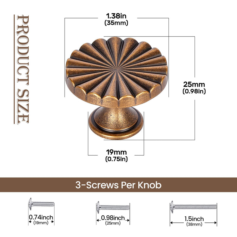 1.4 Inch 8 Pack Antique Brass Cabinet Knobs - Vintage Dresser Drawer Pulls with 3 Sizes Mounting Screws 8 pack knobs Antique Brass Bronze