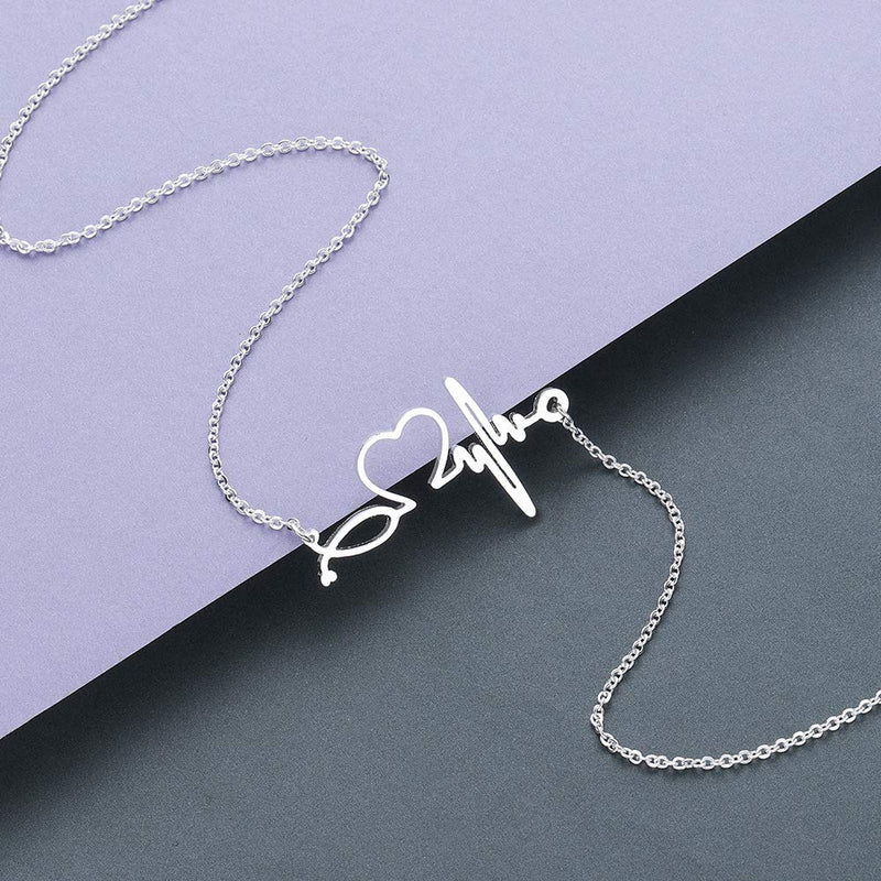 Eiffy Stainless Steel Stethoscope ECG Heartbeat Choker Necklace for Women Love Heart Hypoallergenic Necklaces Pendants Medical Nurse Doctor Gifts Silver