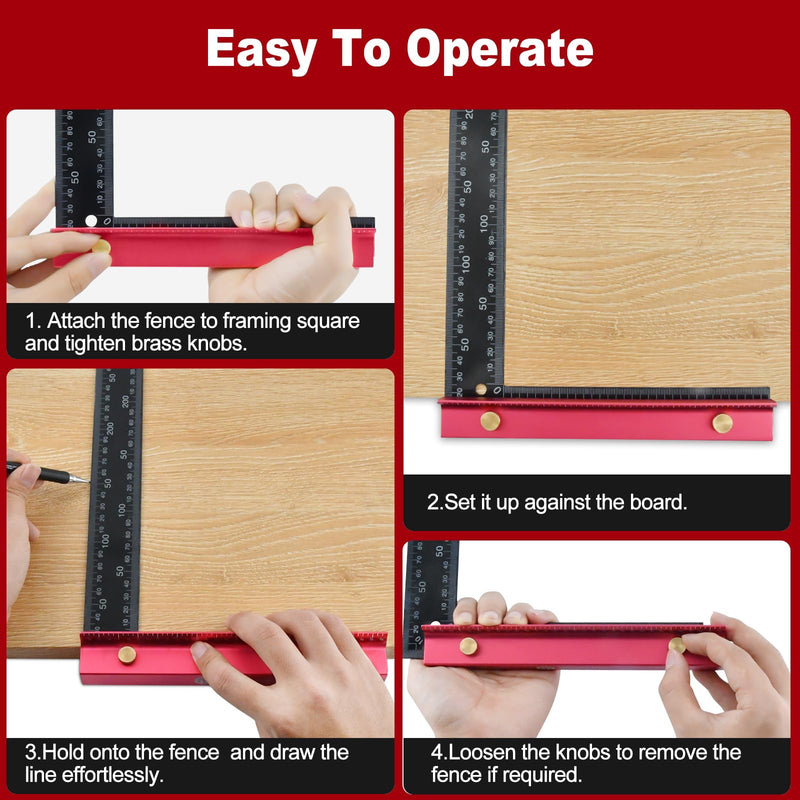 8 Inch Removable Carpenter Framing Square Fence with Edge Marking Ruler, Anodized Solid Aluminum Alloy Body & Brass Knobsn for Woodworking Measuring Ruler Stops Fences Red
