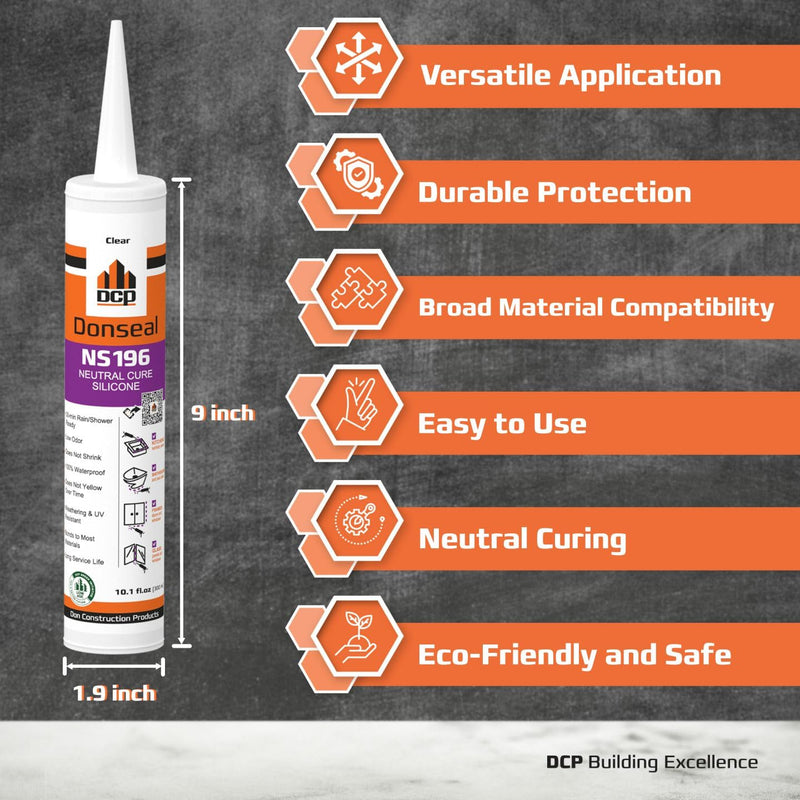 DCP Donseal NS196 Silicone Caulk Sealant 1 Pack – 100% Silicone Tube for Bathroom, Kitchen, Outdoor, Bathtub and Window Seal, 10.1 fl oz – Clear 1-pack