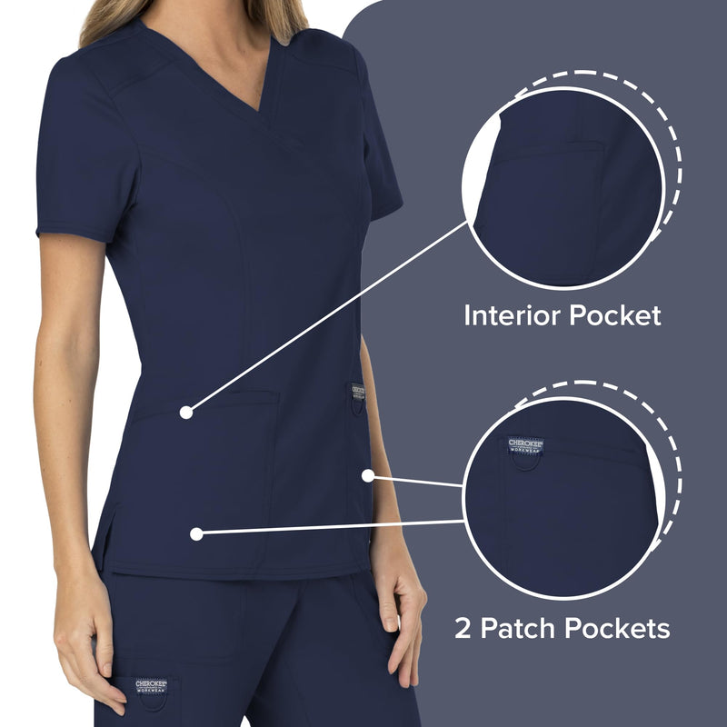 Cherokee Scrubs for Women Mock Wrap Top with 3 Pocket, Back Princess Seams WW610 Medium Navy