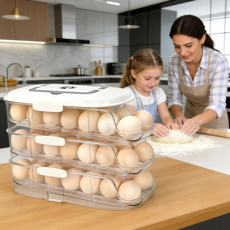 Egg Dispenser for Refrigerator, 3-Layer Clear Plastic Egg Holder Adopt Transparent PET Material & Hidden Handle Design – Egg Organizer for Refrigerator with Cover Lock Buckle (Capacity of 42 Eggs) Capacity of 42 Eggs