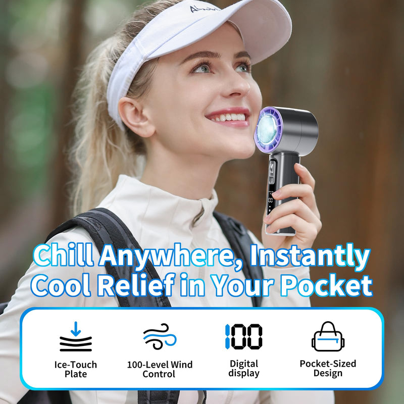 Portable Handheld Fan with Cooling Plate for Ice Therapy, 4000mAh Rechargeable Battery, LCD Display, 100-Speed Scroll – Compact Personal Fan for Travel, Office, Outdoor Use (Black) Black