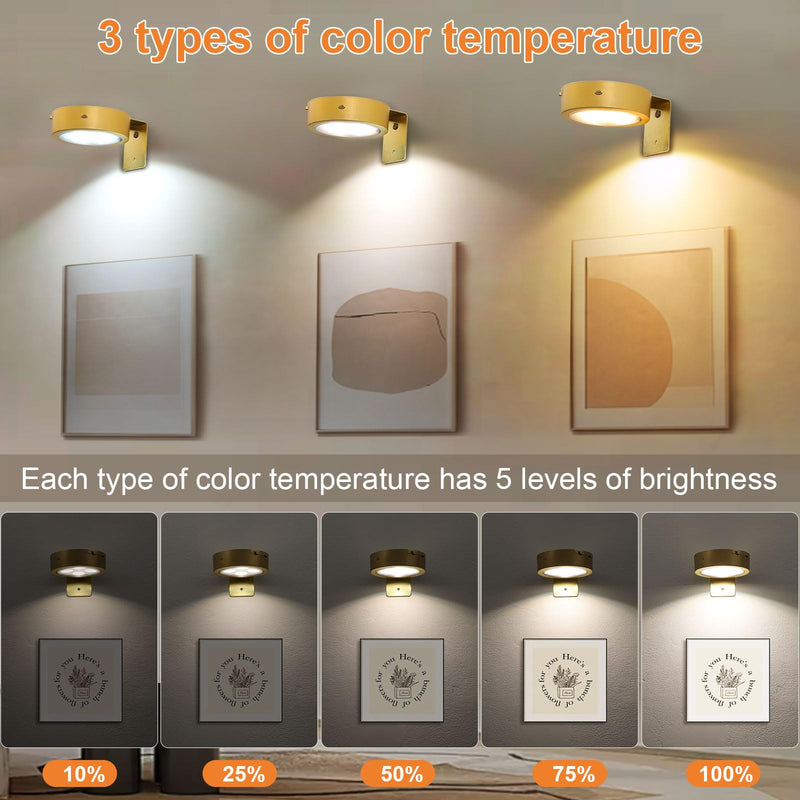 3Pcs Rechargeable Picture Lights,Battery Operated Wall Lights for Pictures with Remote Dimmable and Timer, 3 Lighting Modes Wireless Art Display Light for Picture Frame Paintings-Gold Gold 3Pcs