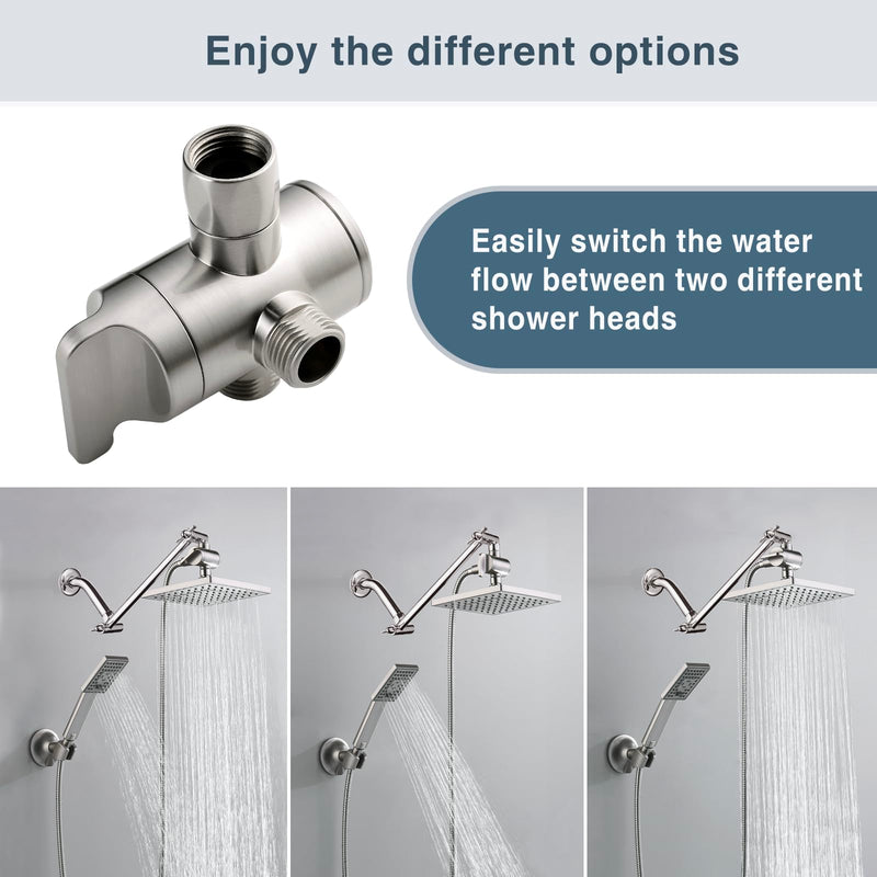 BRIGHT SHOWERS Shower Arm Diverter Valve for Hand held Showerhead and Fixed Spray Head, 3-Way Shower Head Diverter Valve, Brushed Nickel