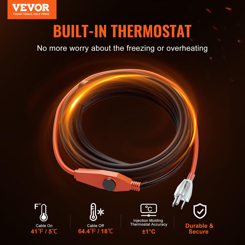 VEVOR Pipe Heating Cable, 18-feet 7W Heat Tape for Pipes with Built-in Thermostat, Protects PVC Hose, Metal and Plastic Pipe from Freezing, 120V 18FT