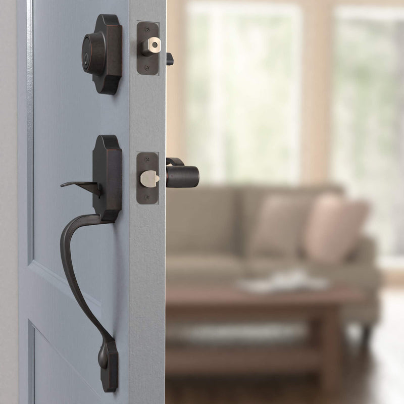Amazon Basics Front Door Lock Set, Handleset with Shelby Lever, Level Door Handle, Exterior, Single Cylinder Packs, Oil Bronze, 1-Pack 1 Pack