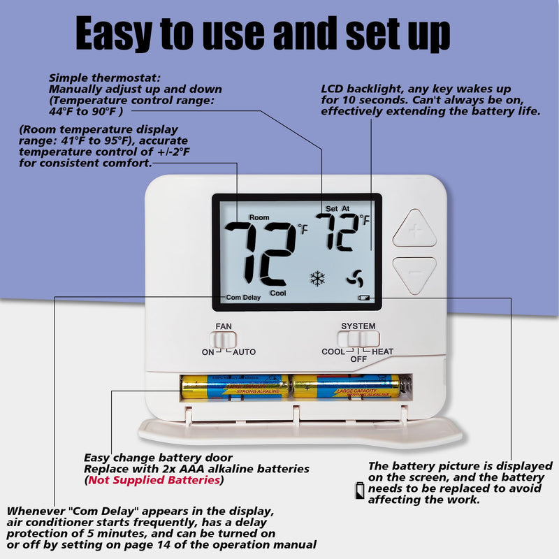 Non-Programmable Thermostats for Home Conventional Single-Stage Systems, up to 1 Heat/ 1 Cool (with White Backlight)