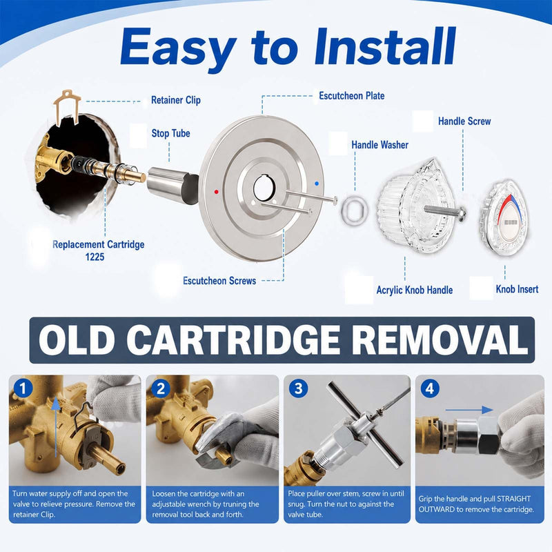 Shower Trim Kit,Compatible with Moen T470 Chateau Shower Trim Kit for 1225 Trim Kit,With 1225 Replacement Cartridge,104421 Removal Tool,Escutcheon,Tubes,Shower handle and Screws,Chorme