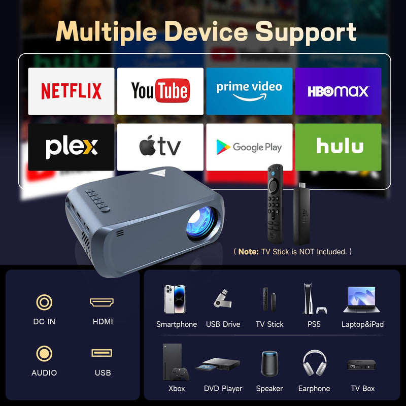 Mini Projector with Wifi and Bluetooth, Portable 1080P Projector,170" Support HD Movie Projector, Outdoor Projector Compatible with Phone/ Tablet/ Laptop/ TV Stick/ PS4/ HDMI/USB Blue