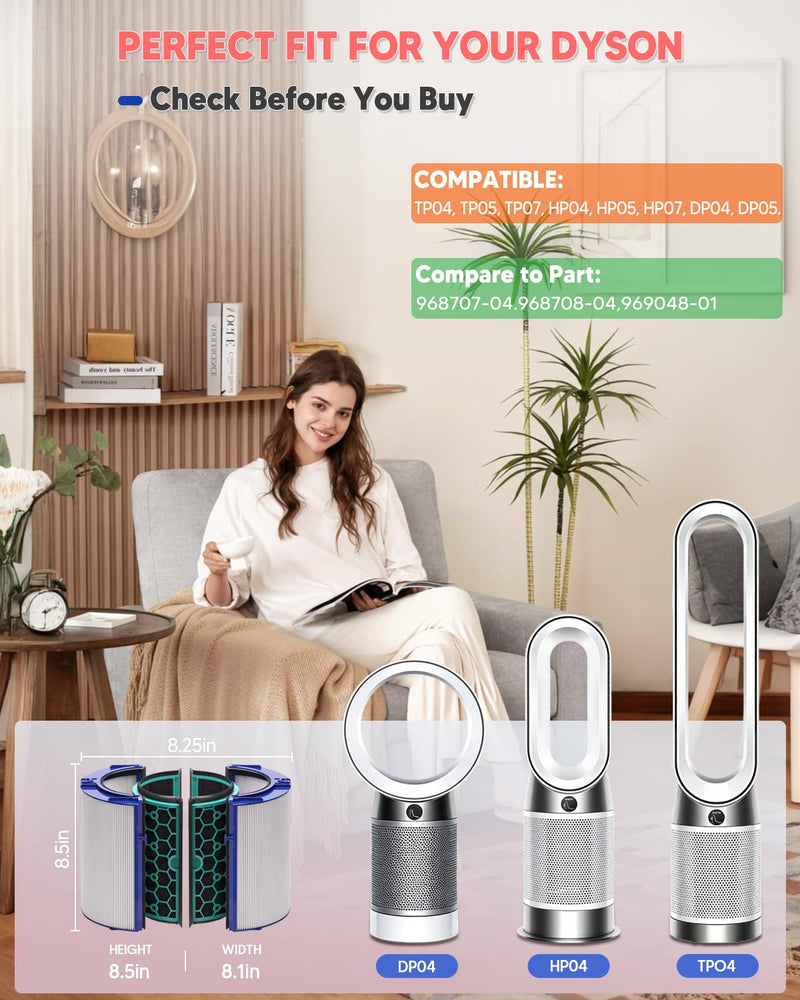 HP04 Filter Compatible with Dyson HP04 HP05 HP07 TP04 TP05 TP07 DP04 DP05 Air Purifier, HEPA 360° Combi Glass Filter & Activated Carbon Filter, Pure Hot Cool Fan Purification, Part #969048-01 (1Pack) 8.7" x 7.9" x 7.9"
