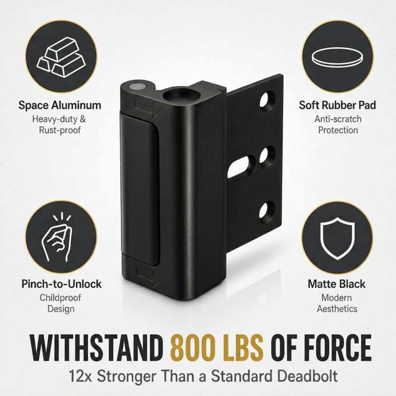 Door Reinforcement Lock 2 Pack, Home Security & Kids Safety | 800lbs Kick-in Defense; INWARD Swing Doors ONLY; Childproof Pinch-to-Unlock; Heavy-Duty Aluminum; Free Drill Bit Included