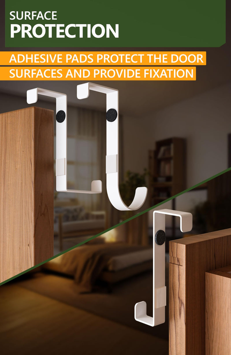 4smile Over The Door Hooks 6+2+2 Set, White - Coat Hanger 6 pcs fits 1 3/8" + Towel Holder 2 pcs fits up to 1 3/4" + Cabinet Hooks 2 pcs - 2-Sided Wreath Hanger with Anti-Scratch & Non-Slip Pads 10 pcs L 4" & 3"