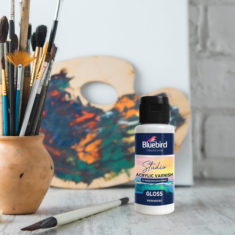 Bluebird Studio Gloss Varnish for Acrylic Painting, 3.4 Fl Oz, Non-Yellowing, Non-Toxic, Anti-Crazing, Basic Varnish for Pro Artists, Hobby Painters & Kids