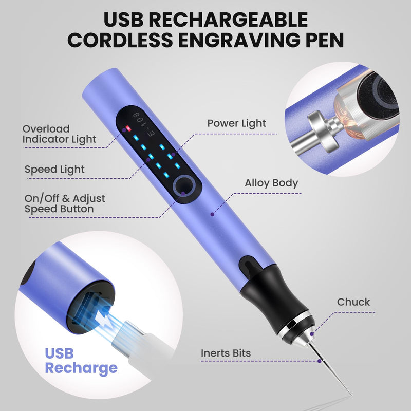 Electric Engraving Pen with 37 Bits, USB Rechargeable Cordless Etching Engraving Tool, Portable DIY Rotary Engraver for Jewelry Wood Glass Stone Carving (Purple) Purple