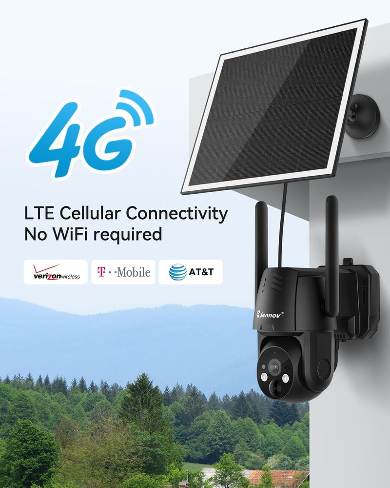Jennov 4G LTE Cellular Solar Security Camera Wireless Outdoor, No WiFi Need Camera Home Security, 2K Color Night Vision, 360° PTZ, PIR Motion Detection, 2-Way Talk, IP65 Waterproof, Built-in SIM Card