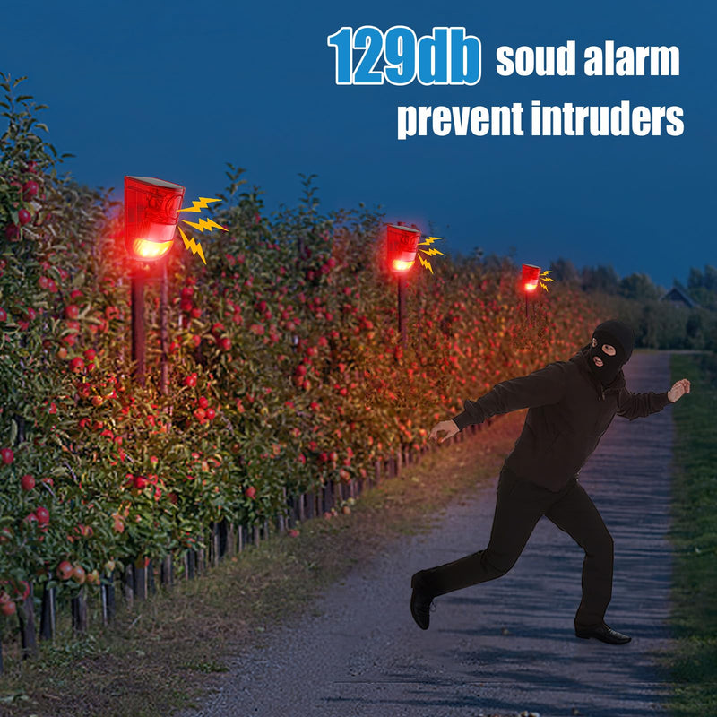 Qualirey 2 Pack Solar Sound and Light Alarm Motion Sensor 129db Outdoor Security Siren Waterproof Motion Activated Detector Alarm 6 LEDs Flash Warning Strobe System for Home, Farm (Red) Red