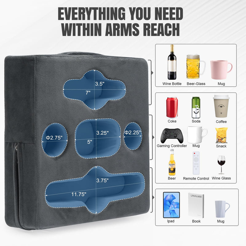 STBoo Couch Cup Holder Pillow - Sofa Drink Cup Holder Cozy Buddy | Bed Caddy Organizer Holds Remote, Snacks, Phones, Tablet | Waterproof Anti-Spill Sofa Beverage Tray for Car, Beach, RV, Boat (Grey) Grey-XL XL-13.5x13.5x3.75inch