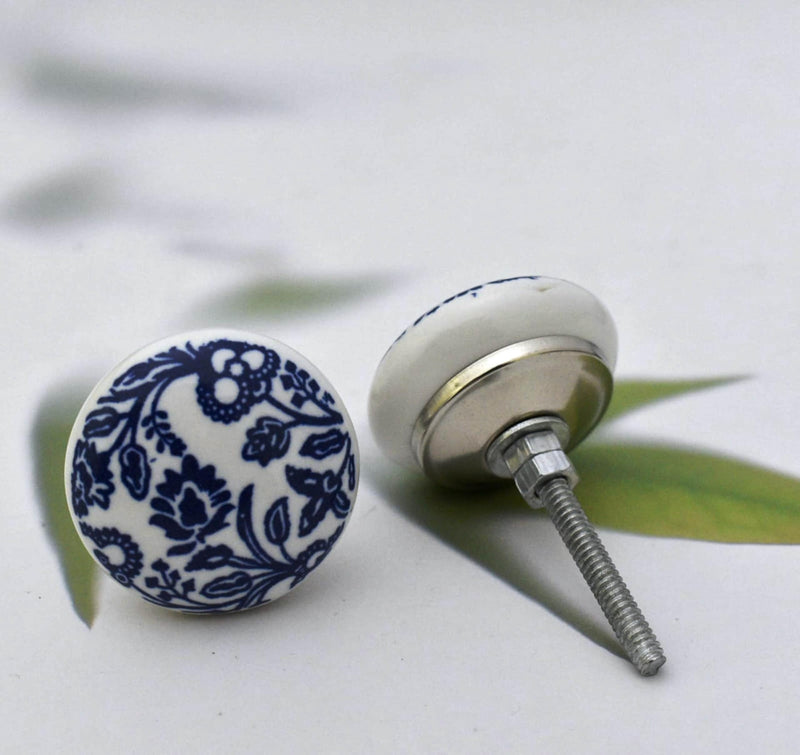 Beautiful Blue and White Ceramic Knobs - Set of 10 Decorative Floral Print Round Knobs Kitchen Cabinet Drawer Knobs | Elegant Wardrobe & Dresser Pulls with Glossy Finish (1.5-Inch Diameter)