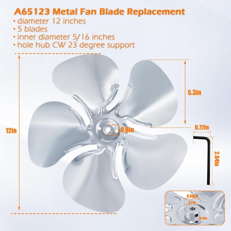 CG A65123 Metal Fan Blade Replacement, Diameter 12 inches, 5 Blades, Inner Diameter 5/16 inches, Hole hub CW 23 Degree Support