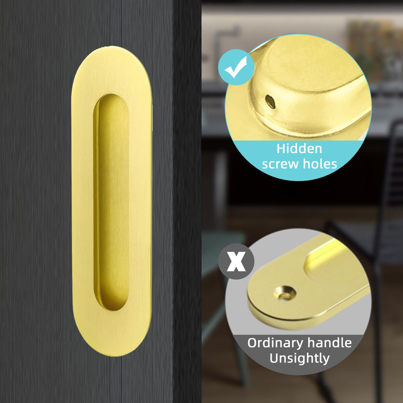 Sliding Pocket Door Hidden Handle, 304 Stainless Steel Pocket Door Hardware, Recessed Flush Finger Pulls, Heavy Duty Edge Pull with Pop Out Ring Pull (Gold, 4.72 inch) Gold