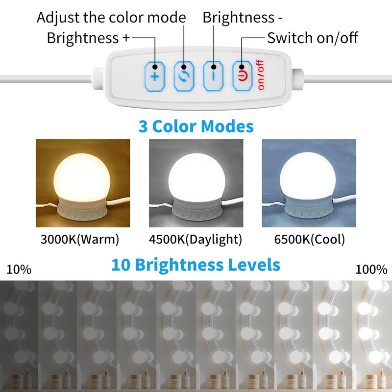 LED Vanity Mirror Lights with 12 Stick On Dimmable Bulbs, 3000K 4500K 6500K & 10 Brightness Levels Adjustable, Plug in USB Cable, Hollywood Style Mirror Lights for Makeup Desk Bathroom Dressing Room 12 Bulbs - NewNest Australia