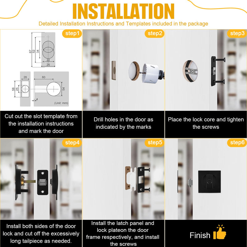Matte Black Pocket Door Lock Zinc Alloy Pocket Door Latch, Double-Sided Sliding Door Handle Invisible Keyless Flush Pocket Door Hardware for Privacy Sliding Door, 2-3/8" Backset (Square) Square