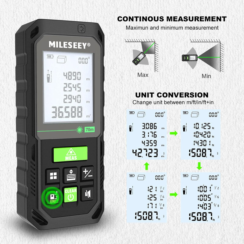 Mileseey S8GA Laser Measuring Tool Green Beam 230 ft, Green Light Laser Tape Measure with Angle Sensor, IP65, Pythagorean, Distance, Area, Volume Measuring, ±1/16in Accuracy… Green Beam - 230 ft