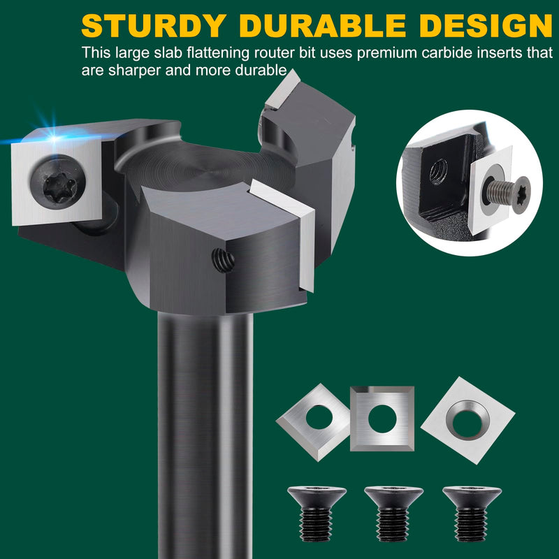 Slab Flattening Router Bits 1/2'' Shank, 2'' Cutting Diameter | 3 Wings, Spoilboard Surfacing Router Bit with 12mm Insert Wood Planing Bit CNC Router Flattening Bit for Woodworking Tools None Coated 1/2" Shank-2" Cut Dia. (3 Inserts)