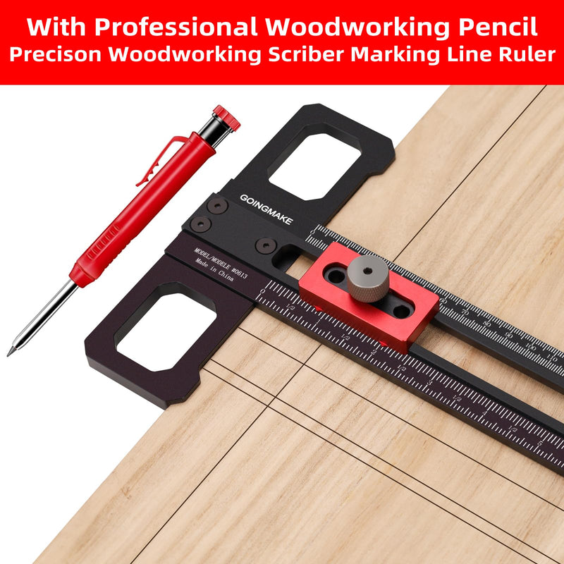 GOINGMAKE Woodworking Scriber Marking Line Ruler with Pencil and Precision Sliding Guide, Adjustable Aluminum Alloy Sliding T-Square Ruler, Precision Line Drawing Aid T Ruler, 12 Inch Carpenter Square