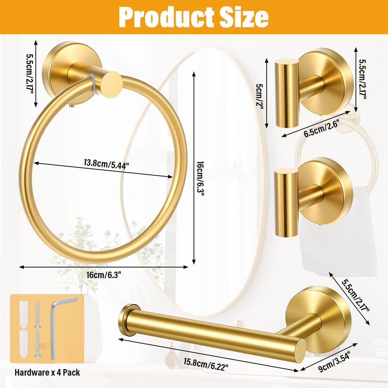4-Piece Brushed Gold Bathroom Hardware Set, SUS304 Stainless Steel Toilet Paper Holder, Towel Ring & 2 Robe Hooks - Rustproof Wall Mounted Bathroom Accessories Kit