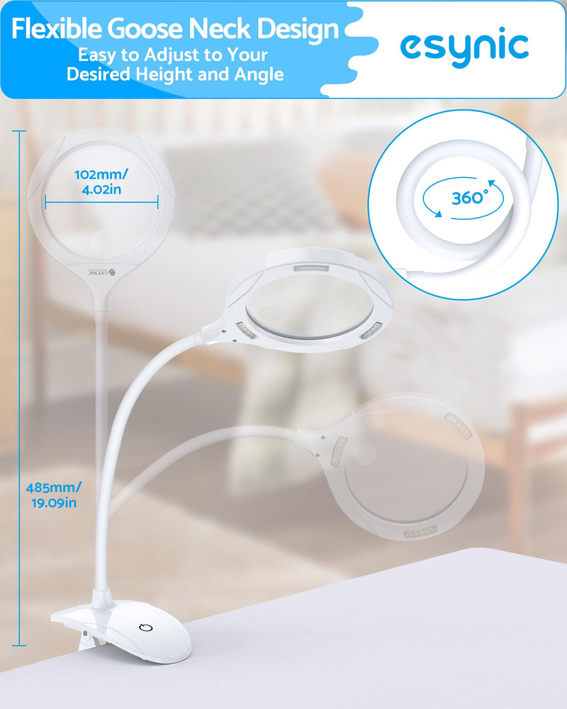 eSynic Lighted Magnifying Glass with Stand-USB-C Rechargeable-5X&10X Magnification-4.3" Large Lens-Desk Magnifier Lamp With Clamp & Heavy Base-3 Levels Brightness-Flexible Gooseneck for Reading Crafts