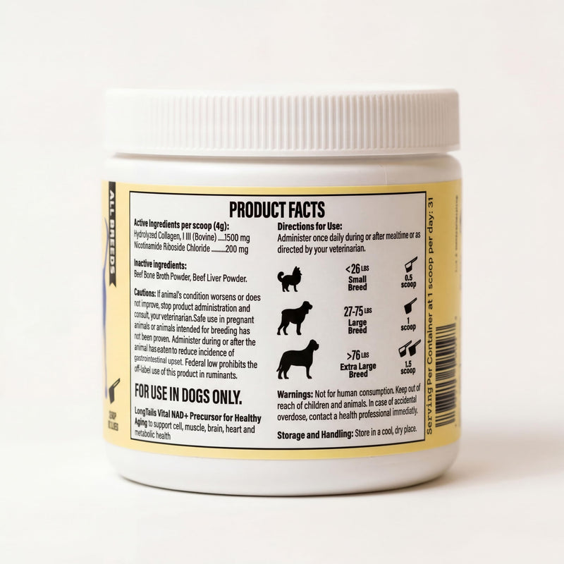 NAD+ Precursor Senior Dog Supplement - Cognitive & Longevity - NMN Alternative Powder with 200mg Nicotinamide Riboside (NR) and 1,500mg Hydrolyzed Collagen - Made in USA, 30 Scoops, Up to 60 Days