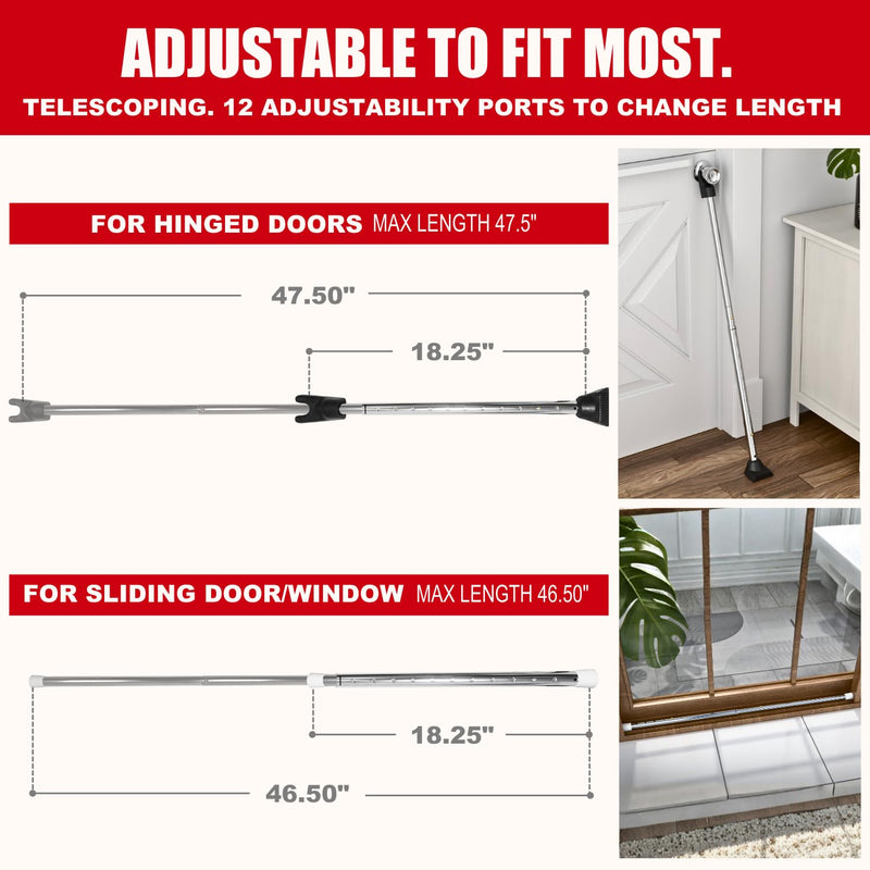 Door Stoppers Security Bar, SECURITYMAN 3 in 1 Adjustable Door Security Bar & Sliding Door Security Bar - Heavy Duty Door Lock Stick Jammer for Apartment, Dorm, Front Door Inside Safety Must Haves 1 Pack Chrome