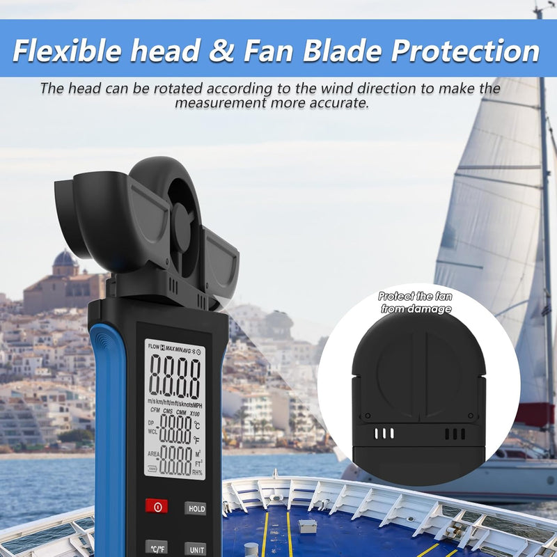 HoldPeak Handheld Anemometer, Digital Wind Speed Meter with Large LCD Display, Vane Cover, 270º Rotatable Detector Portable Anemometer for HVAC Outdoor Sailing Shooting Golf, Weather Monitoring