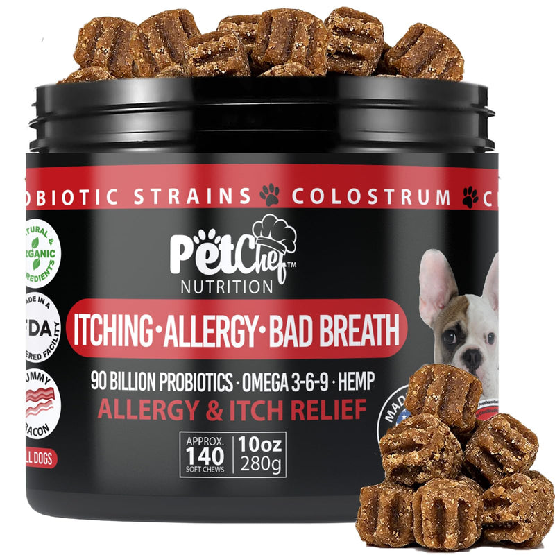Pet Chef Dog Allergy Chews 140 Soft Chews with Salmon Oil, Omega 3 & Probiotics Natural Supplement for Itch Relief, Immune Support & Healthy Skin & Coat (Bacon Flavor) Vegan Smokey Bacon
