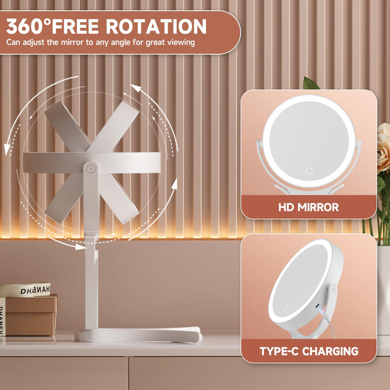Hasipu Portable Travel Makeup Mirror with Lights – 360° Rotating with 1X/10X Magnifying, Rechargeable Tabletop Handhold Hanging 3 in 1 Mirror (White) White
