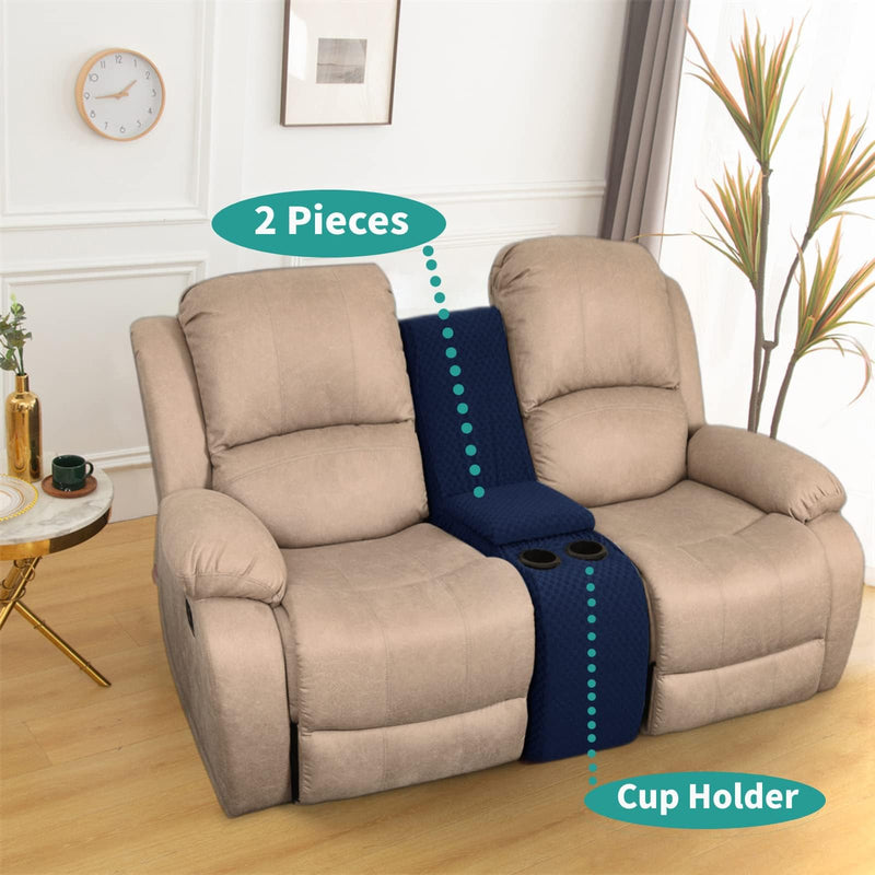 YEMYHOM Additional Recliner Console Cover for Couch with Cup Holder and Storage, Latest Jacquard Middle Reclining Console Slipcover Fitted Furniture Protector with Elastic Bottom (Navy Blue) Standard Middle Console Navy
