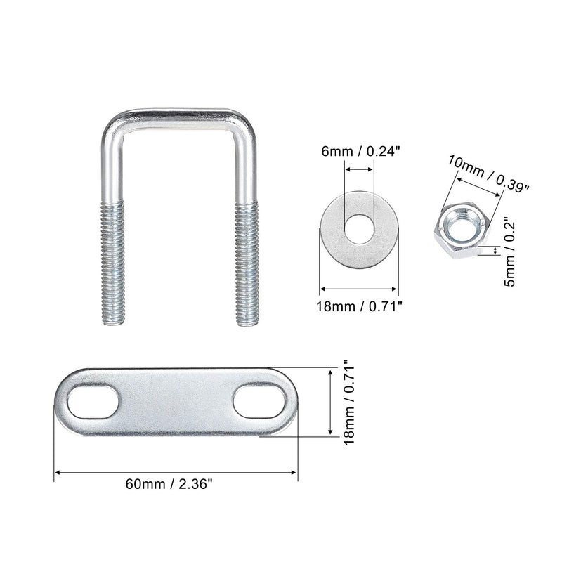 uxcell Square U-Bolts 1-3/8"(35mm) Inner Width Carbon Steel M6 with Nuts, Frame Plate, Round Washers 2 Set 35x60mm(W*L)