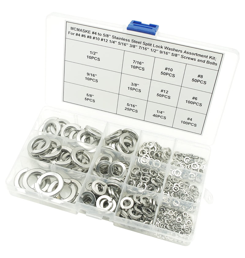 #4 to 5/8 Stainless Steel Split Lock Washers Assortment Kit,for #4#6#8#10#12 1/4" 5/16" 3/8" 7/16" 1/2" 9/16" 5/8" Screws/Bolts