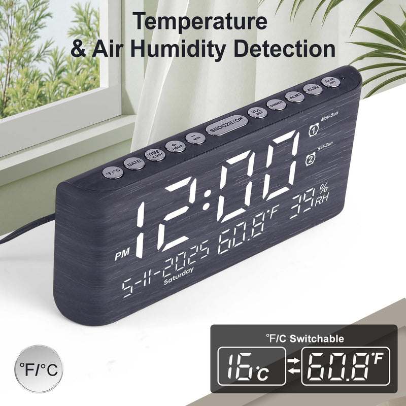 PPLEE 8.7inch Digital Alarm Clock for Bedroom-Digital Clock with Day of Week Month Year Humidity & Temperature Brightness Snooze 2 Alarm Clock & 2 USB Charger Desk Clock for Heavy Sleeper