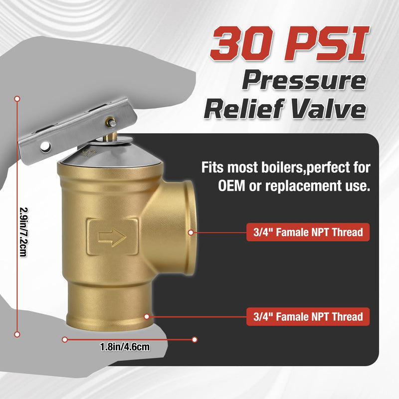 3/4" FNPT Female Inlet & Outlet – 30 PSI Automatic Pressure Relief Valve for Hot Water Boilers & Hydronic Heating Systems, Durable Lead-Free Brass, Up to 510,000 BTU